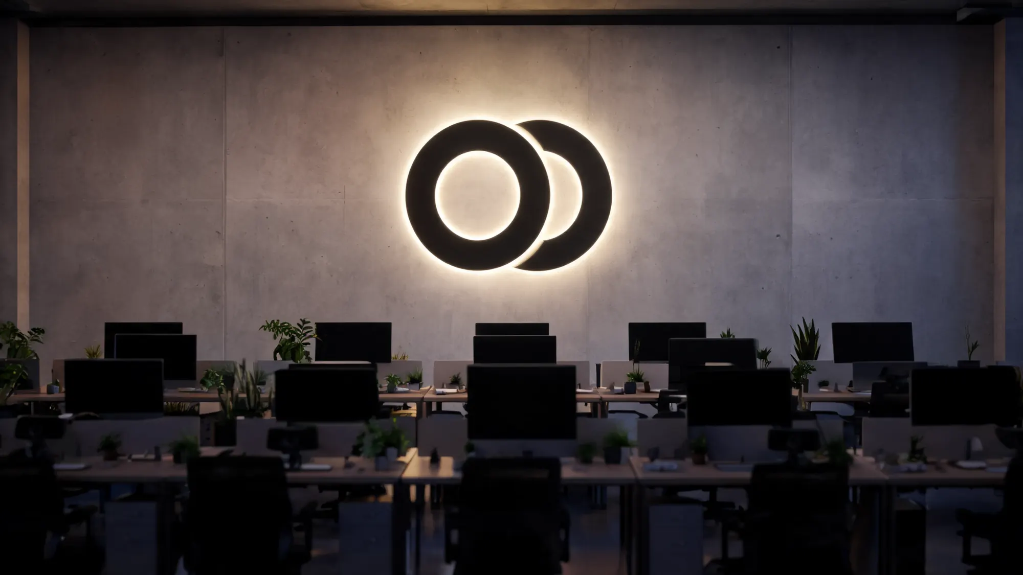 Wizualizacja: czarne logo 3D z poświatą halo na betonowej ścianie biura open space