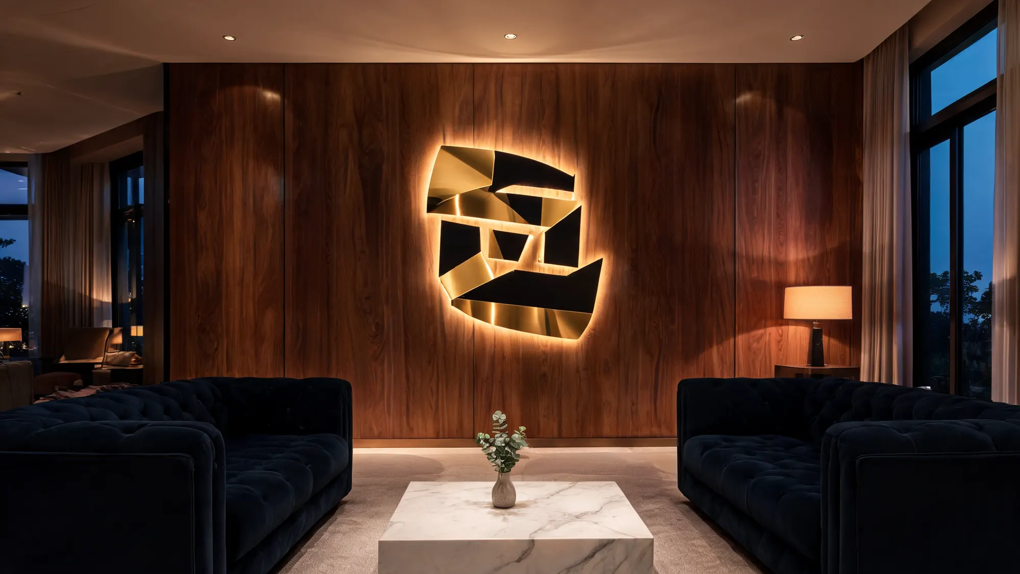 Wizualizacja: warstwowe logo z lustra akrylowego i czarnej płyty z ciepłym halo na ścianie z orzecha w lobby hotelu